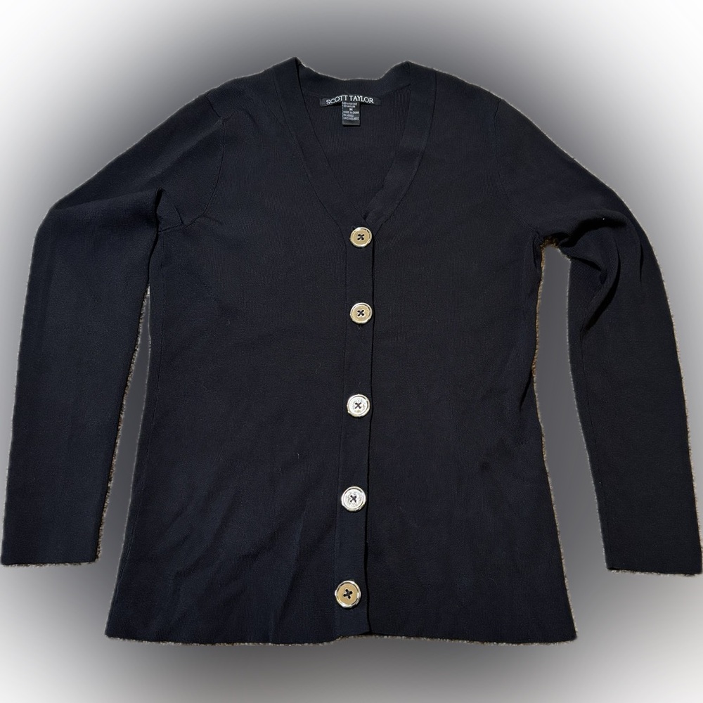 E38 Scott Taylor Black V-Neck Button Front Cardigan, Size M